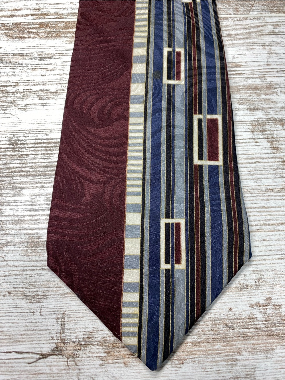 Vintage Henry Grethel 100% Silk Geometric Necktie Navy Burgundy Gray Gold 56"